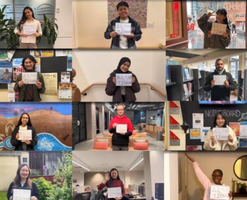 Twelve individual images of people holding a card with text that reads '12 stories by 12 internationals'