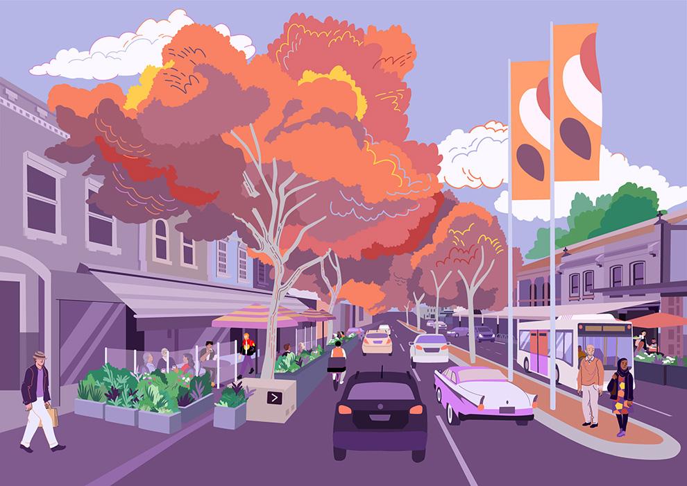 Illustration of Lygon Street in Carlton with trees, traffic, pedestrians and outdoor cafes.