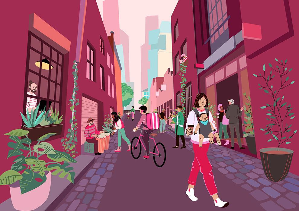 Illustration of a city laneway with greenery and people walking, cycling, drinking coffee and busking.