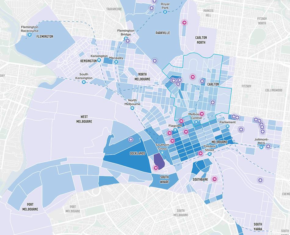 Crop of City of Melbourne industry heat map with areas highlighted in graduated shades of blue.