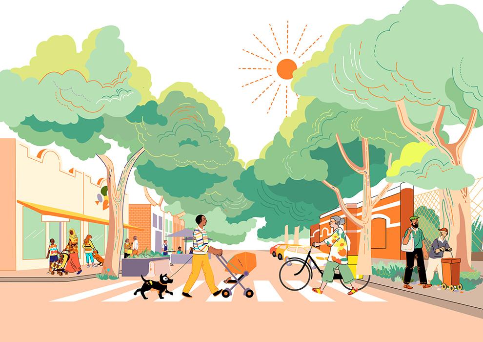 Illustration with diverse people in a leafy Kensington street.