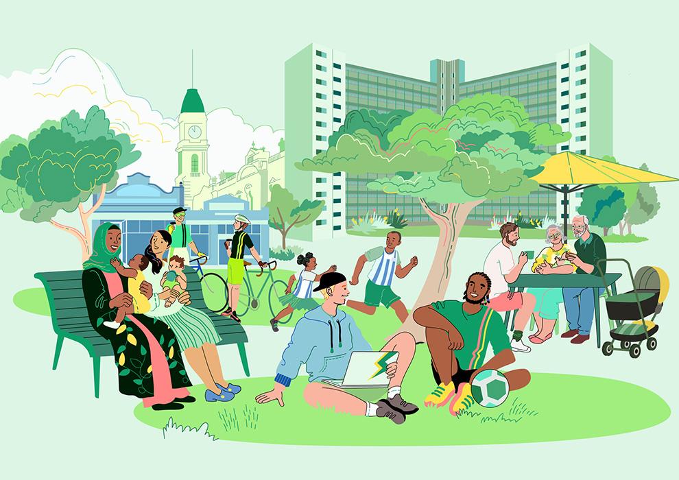 Illustration with groups of people relaxing and chatting in a park, with North Melbourne Town Hall, public housing towers and other landmarks in the background.