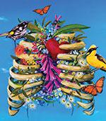 An artwork depicting colourful flora and fauna within a human ribcage, set in front of a blue sky.