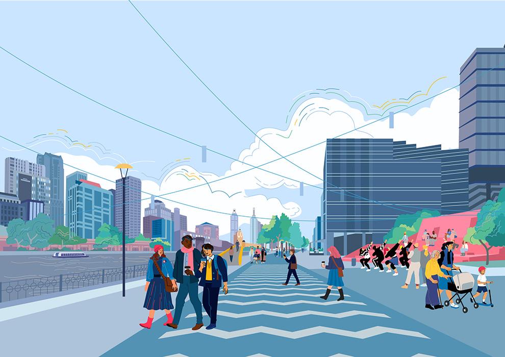 Illustration - people walking and doing group exercise along the Yarra River in Southbank.