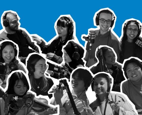 A collection of cut out images of people in front of microphones, in black and white, on a blue background