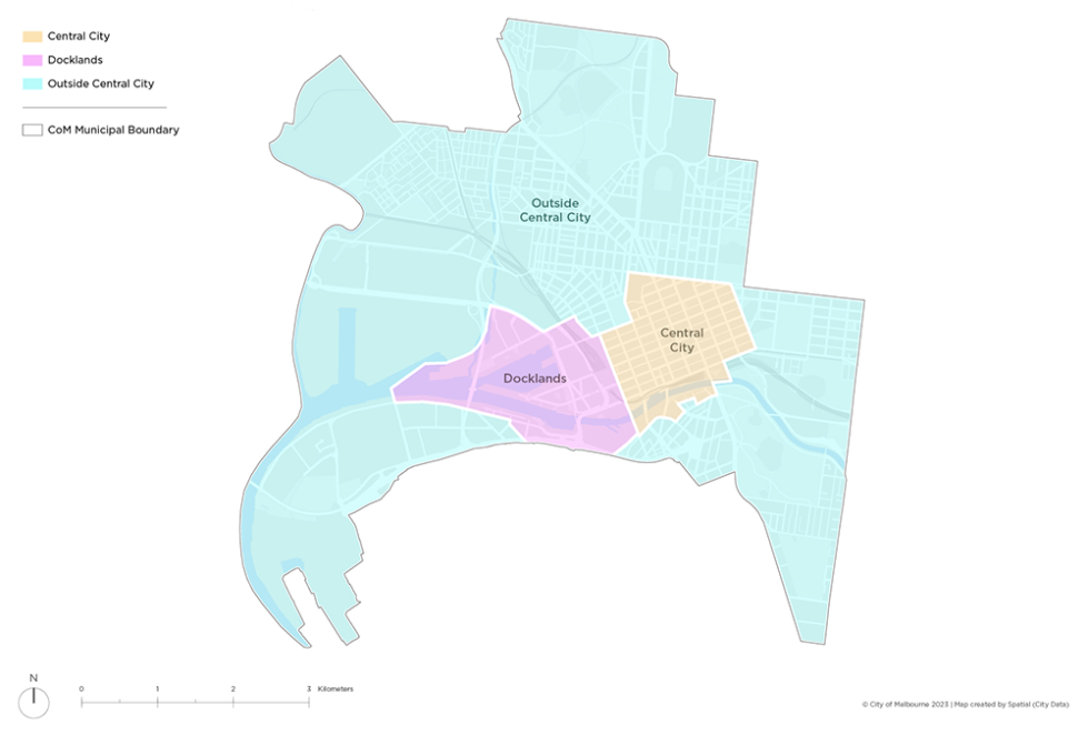 City of Melbourne municipal map showing the areas for outdoor dining permits: Docklands, central city and outside central city.